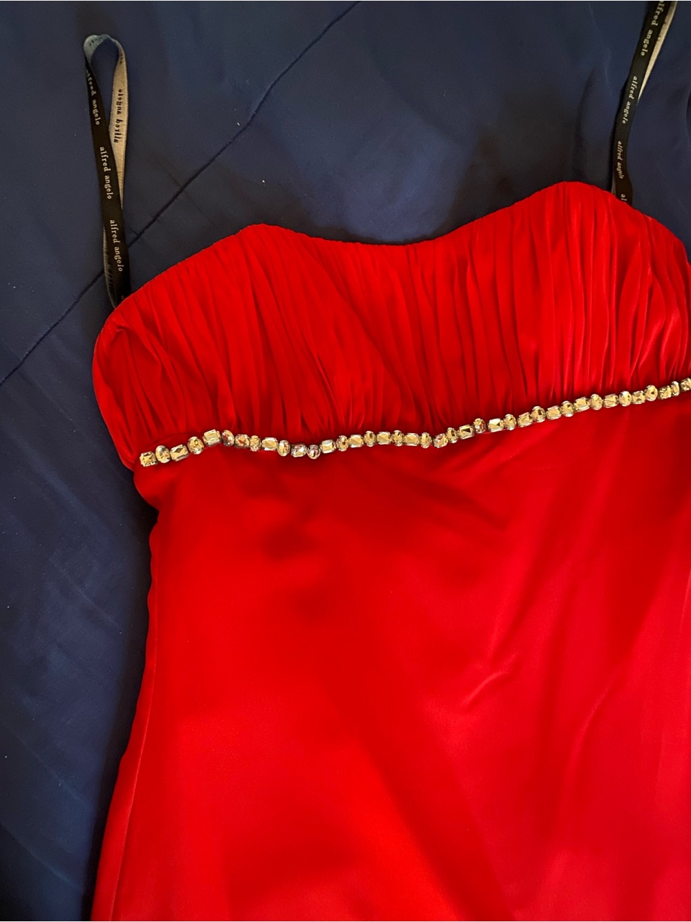 Alfred Angelo Red Strapless Evening Gown with Rhinestone Waist Trim